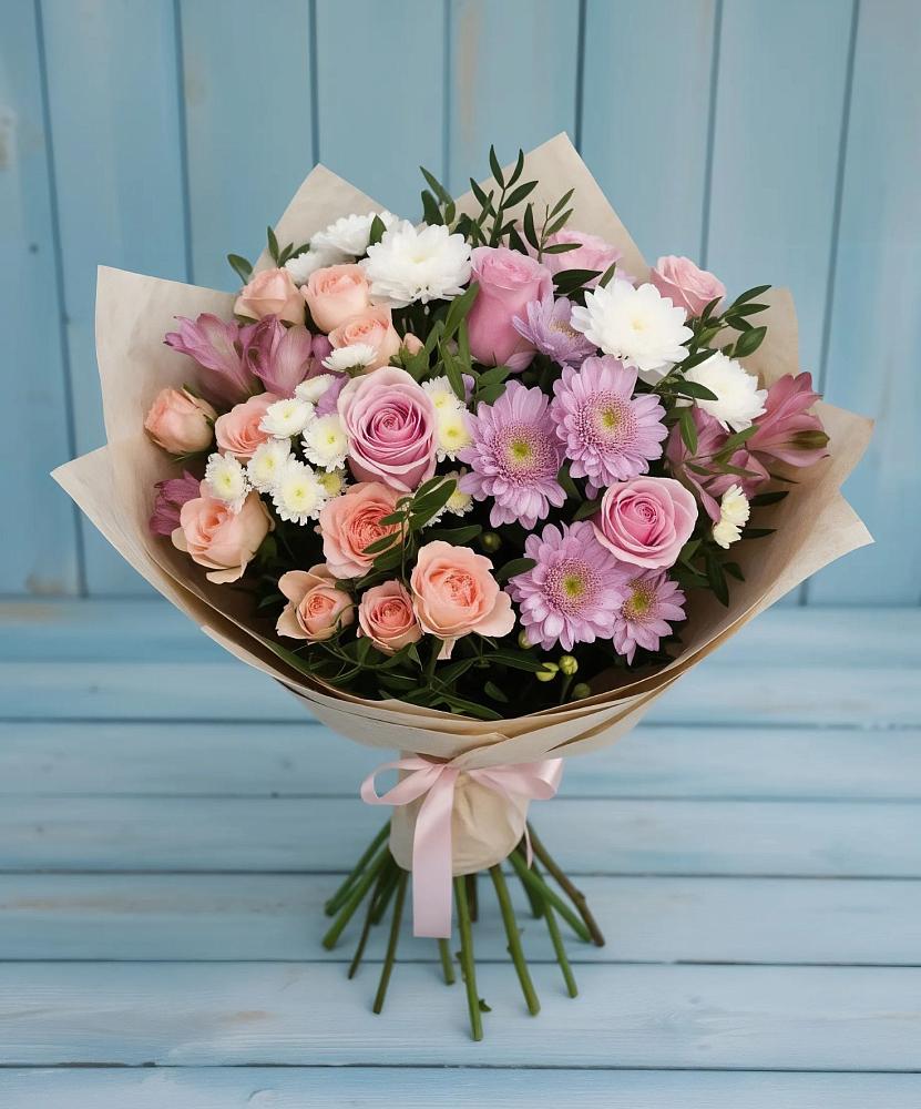 Букет цветов из: Хризантемы, Розы и Альстромерии в Поселок дома отдыха Огарево