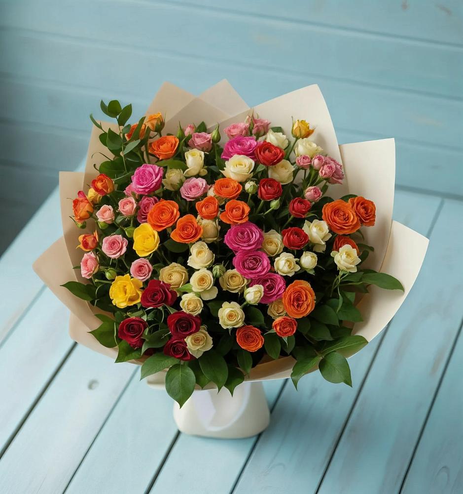 Букет Микс из разноцветных кустовых роз в Поселок дома отдыха Огарево