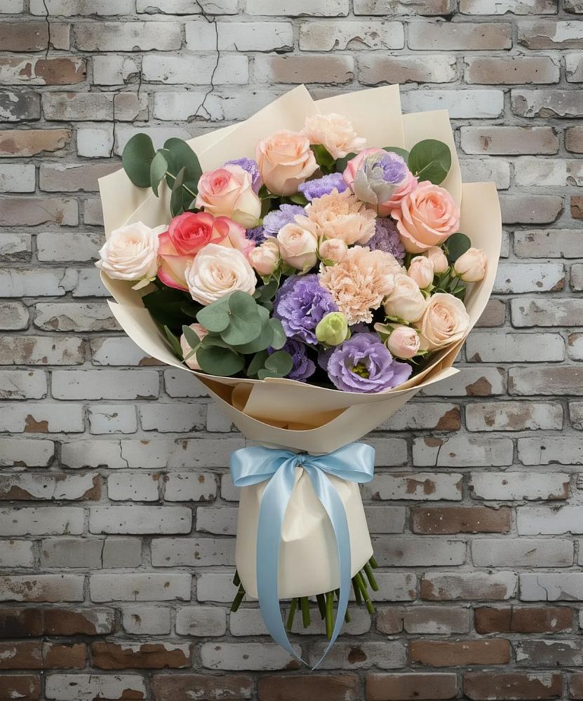 Букет цветов из: Розы, Лизиантусы и Гвоздики в Поселок дома отдыха Огарево