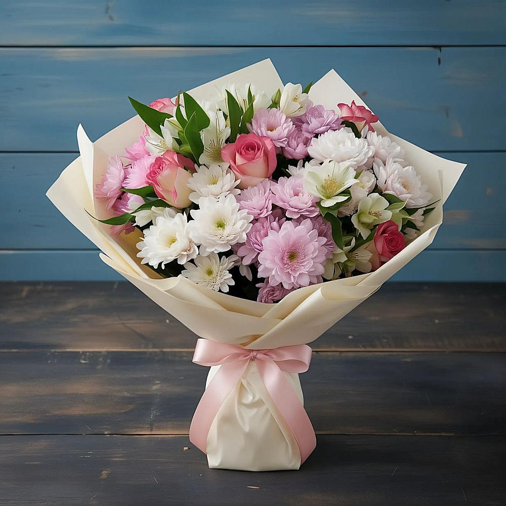 Букет цветов из: Хризантемы, Альстромерии и Розы в Поселок дома отдыха Огарево